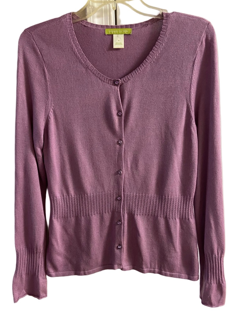 Sigrid Olsen Lavender Button Front Scoop Neck Knit Cardigan Sweater Silk Blend M